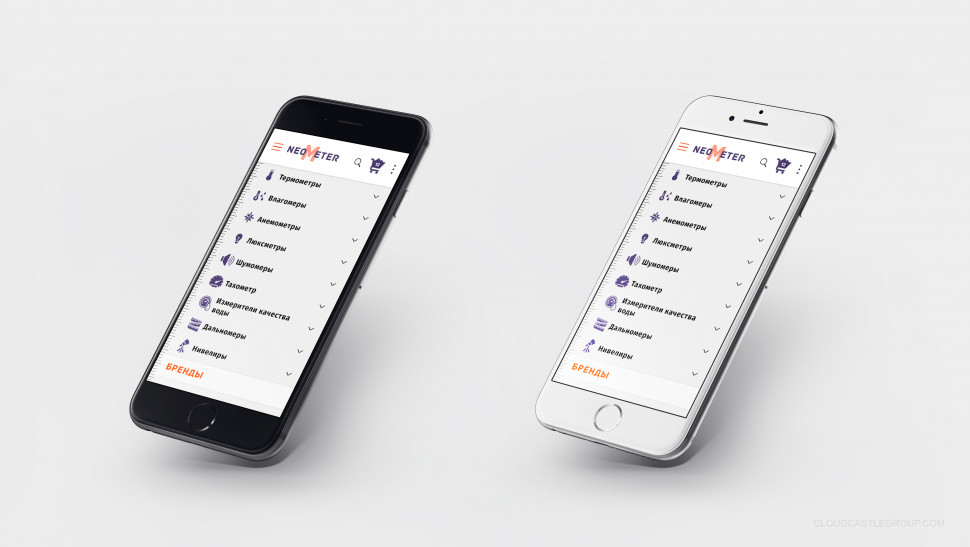 Мобильное меню Neometer на двух смартфонах: категории измерительного оборудования и переход к брендам.