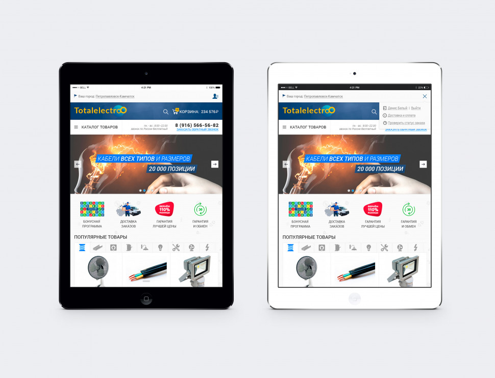 Интерфейс TotalElectro на двух планшетах iPad: главная страница и раскрытое меню личного кабинета.
