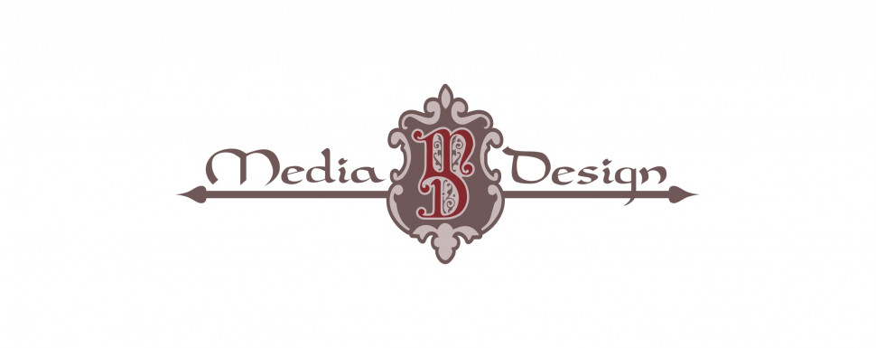 Логотип Media Design: слова по сторонам декоративного медальона с монограммой MD, бордовые и серо-коричневые оттенки.