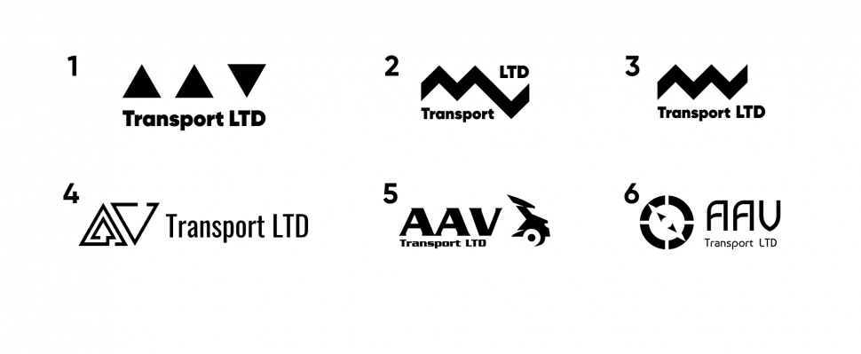 Шесть монохромных вариантов логотипа AAV Transport LTD: треугольные и угловые монограммы, транспортный символ и круговой знак.