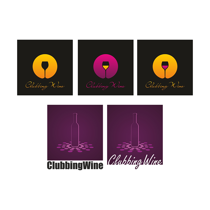Варианты логотипа Clubbing Wine: бокал в золотистом или розовом круге, контур бутылки на фиолетовом фоне и разные начертания названия.