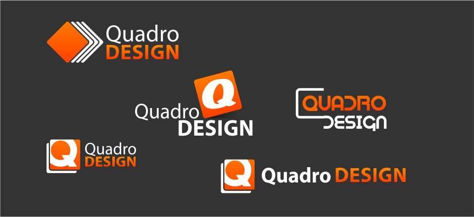 Архивные варианты логотипа Quadro Design: оранжевый ромб, монограмма Q в квадрате и бело-оранжевые надписи на тёмном фоне.