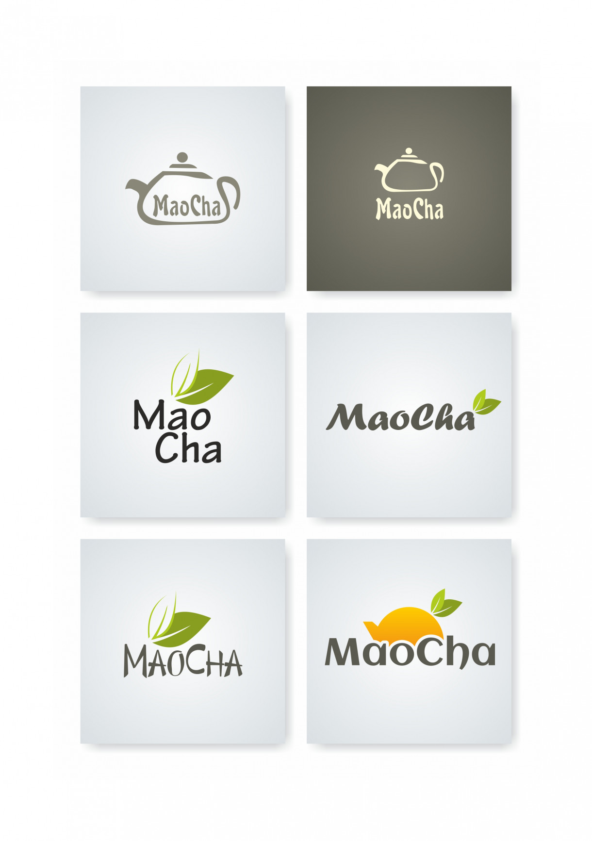 Варианты логотипа магазина чая MaoCha с чайником и зелёными листьями, разными шрифтами и светлым или тёмным фоном.