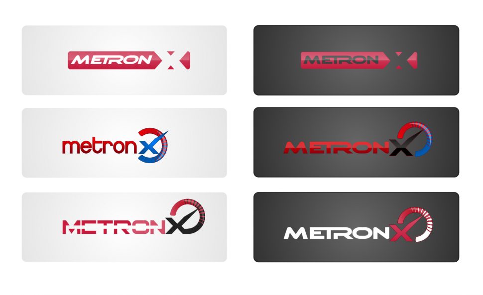 Логотипы Metronx с акцентной буквой X и круговой шкалой: красные и синие элементы на светлом и тёмном фоне.