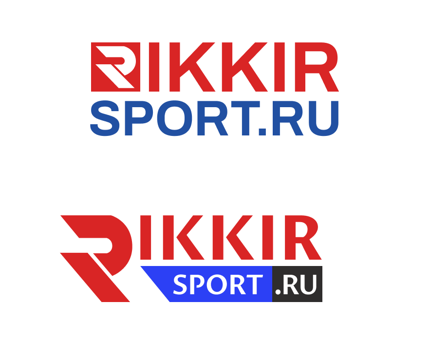 Два варианта логотипа RIKKIR SPORT.RU с красной буквой R, синими акцентами и разным оформлением надписи.