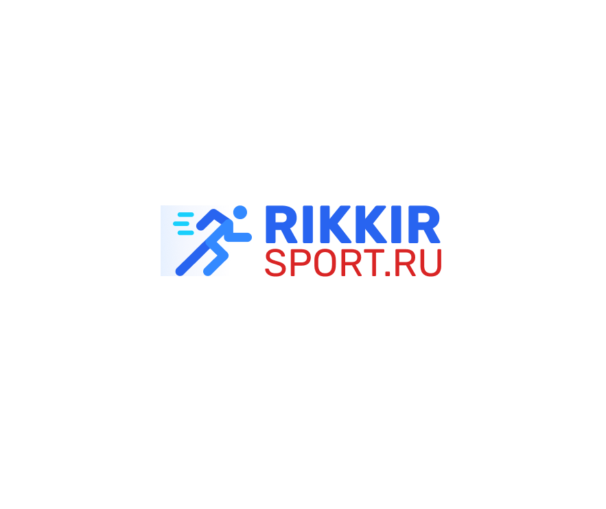 Логотип RIKKIR SPORT.RU с синим бегуном, бирюзовыми линиями движения и красной строкой SPORT.RU.