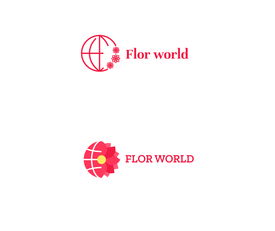 Варианты Flor world: красный контур земного шара с маленькими цветами и шар, переходящий в розовый цветок.