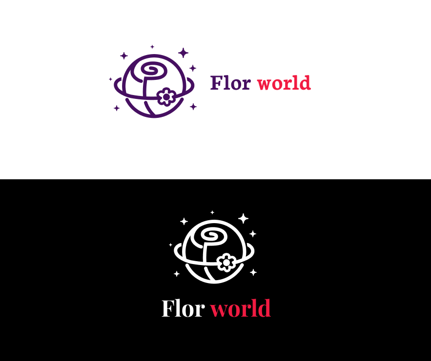 Логотип Flor world с округлым знаком, орбитальной линией, растительным мотивом и звёздами на белом и чёрном фоне.
