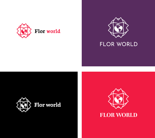 Логотип Flor world с земным шаром в цветочном контуре: горизонтальные и вертикальные версии на четырёх фонах.